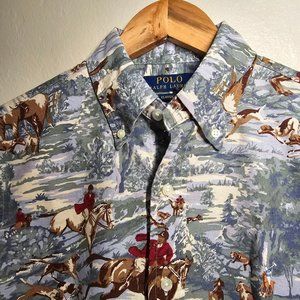 Polo Ralph Lauren Mens blue FOX HUNT Dog Equestrian Scene Oxford Shirt